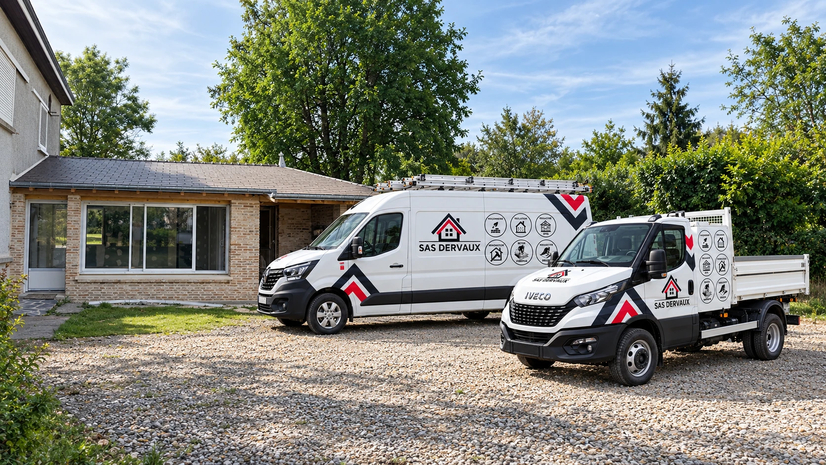 Les deux camions SAS DERVAUX devant un chantier : Extension de maison — montage de présentation