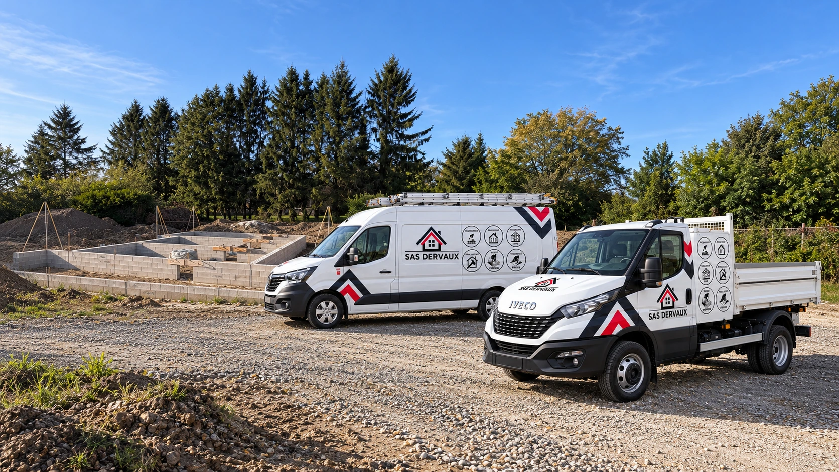Les deux camions SAS DERVAUX devant un chantier : Fondations & gros œuvre — montage de présentation