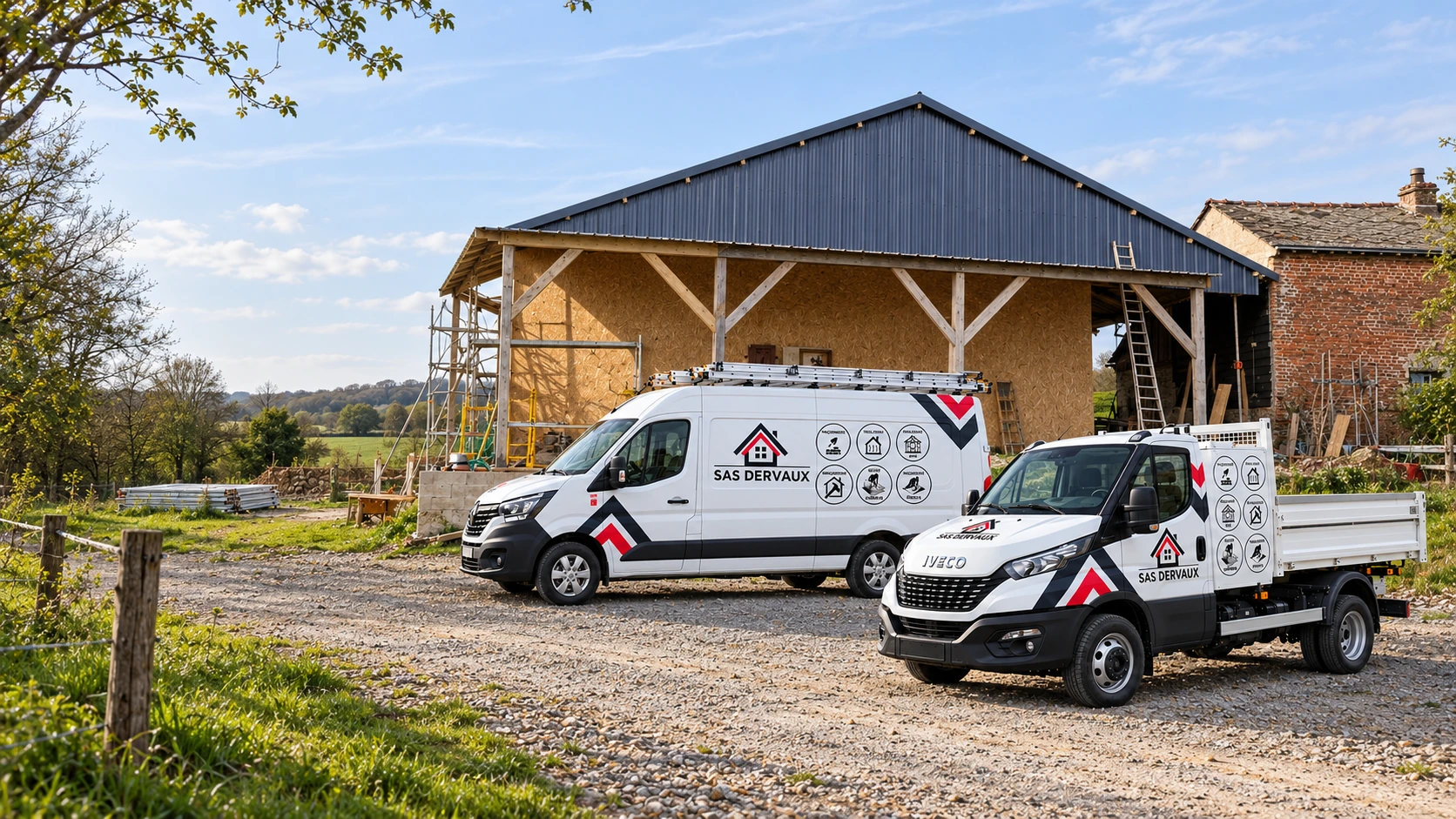 Les deux camions SAS DERVAUX devant un chantier : Rénovation de grange — montage de présentation