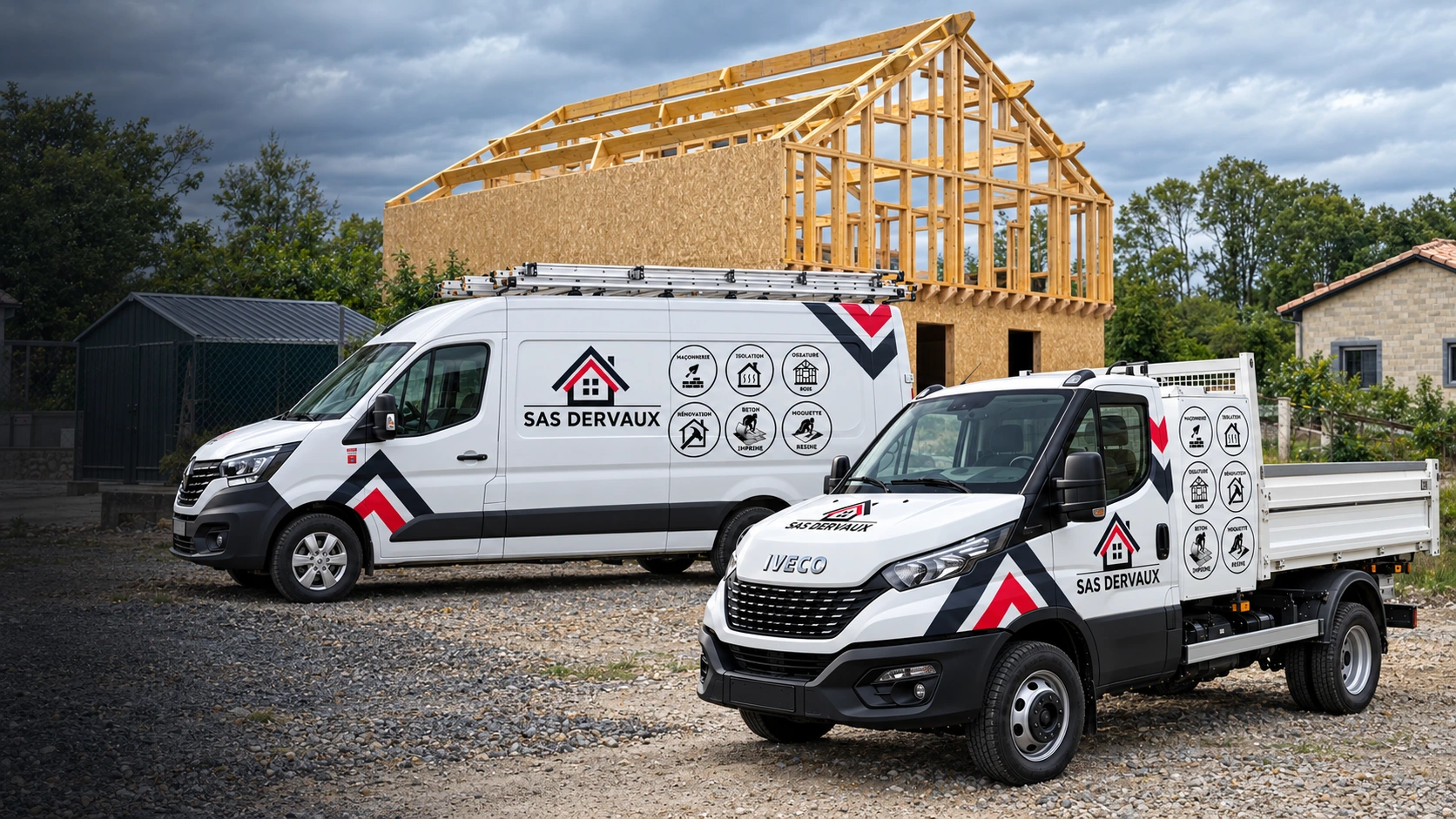 Les deux camions SAS DERVAUX devant un chantier : Construction bois — montage de présentation
